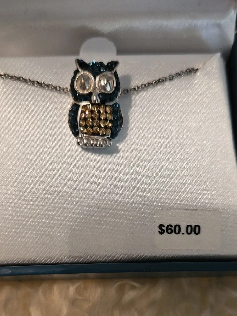 Owl Pendant Necklace with Blue and Gold Crystals - Women's Jewelry NWT
